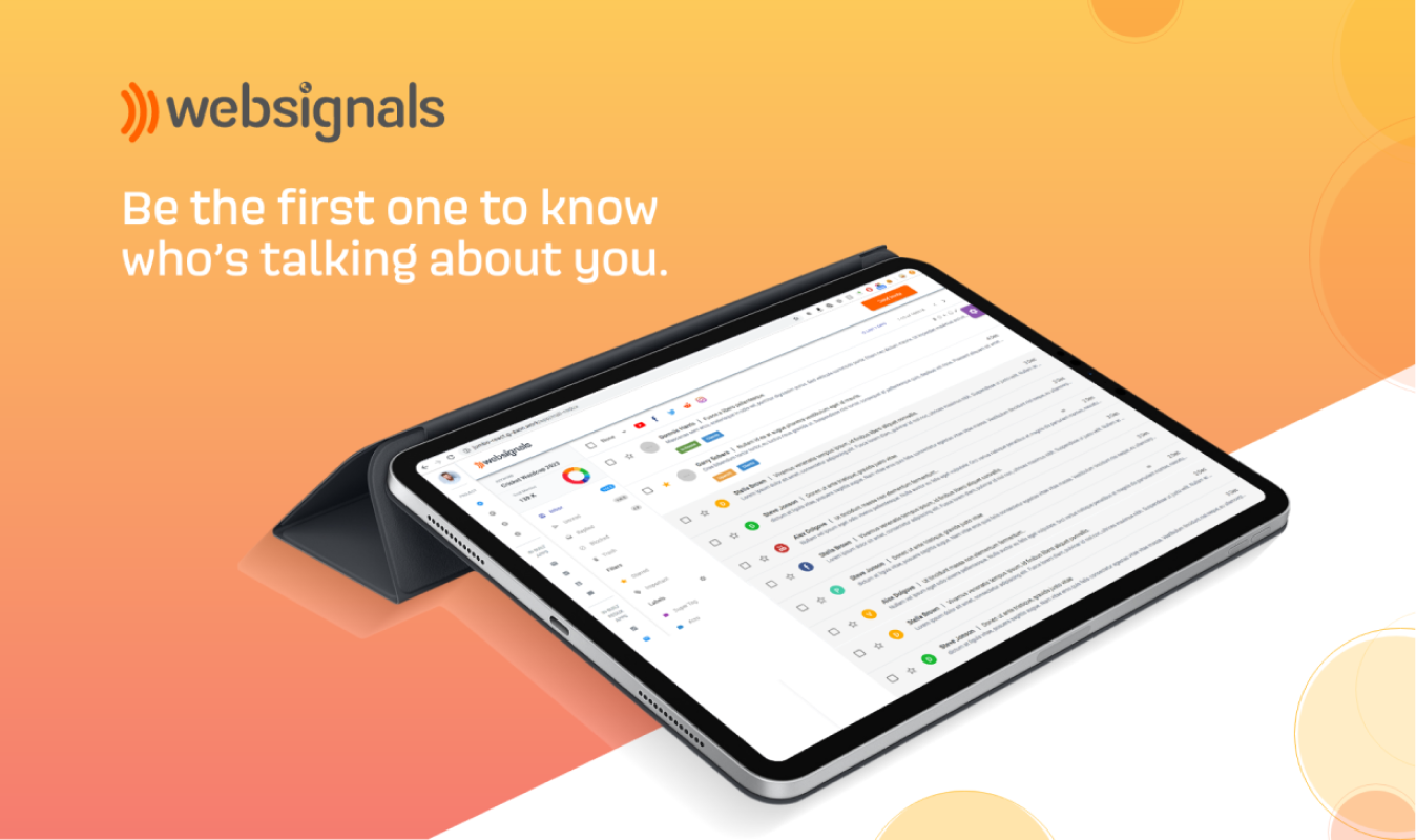 an orange and white background with a tablet and Websignals Be the first one to know who's talking about you written on it