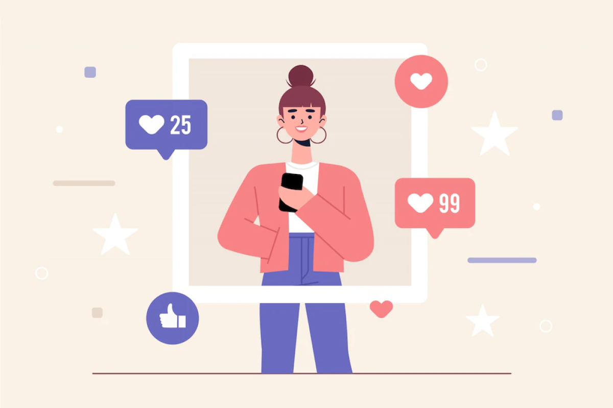 female influencer using phone for influencer identification with graphical illustrations