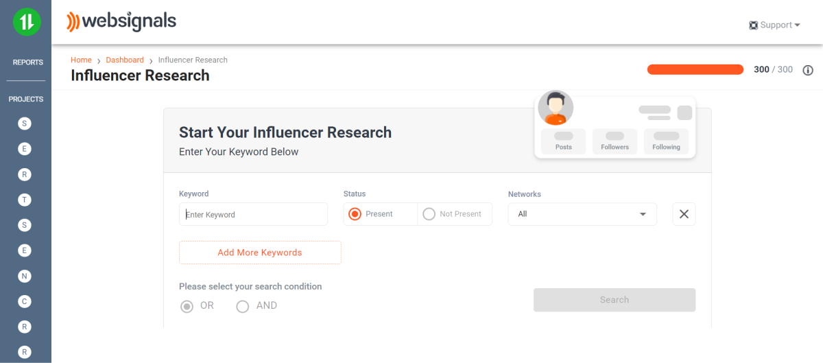 WebSignals influencer research dashboard for comprehensive influencer analysis