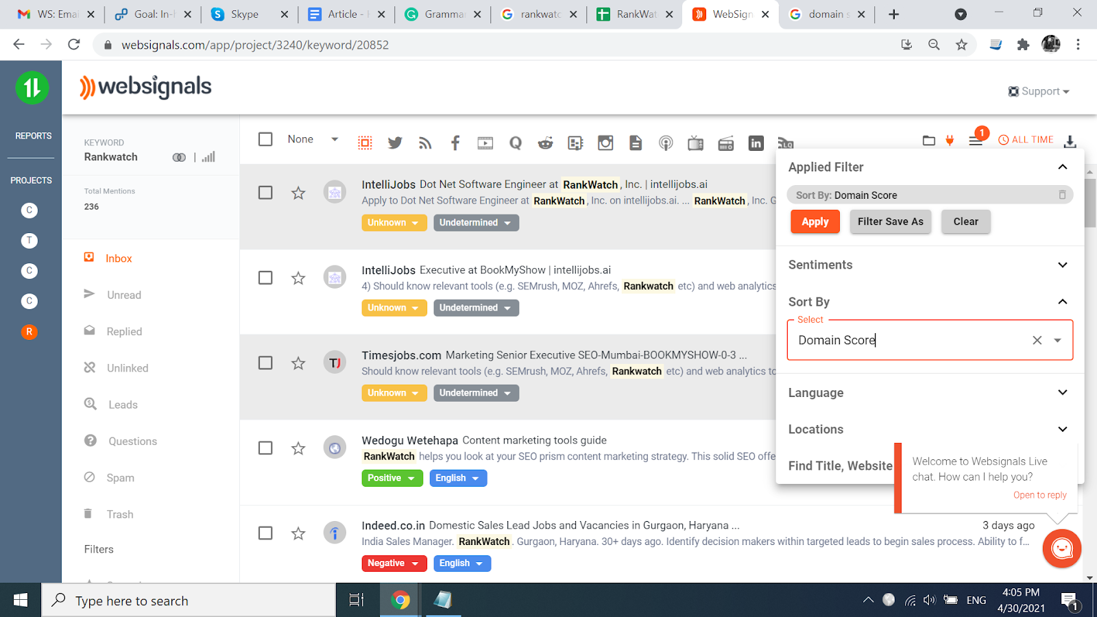 Filtering results by Domain Score in WebSignals