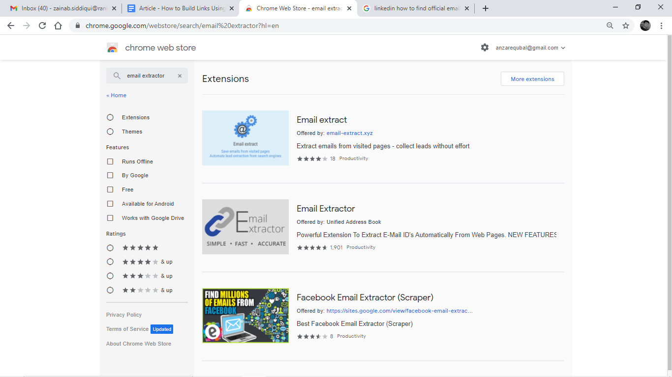 Chrome extensions of Email Extractors