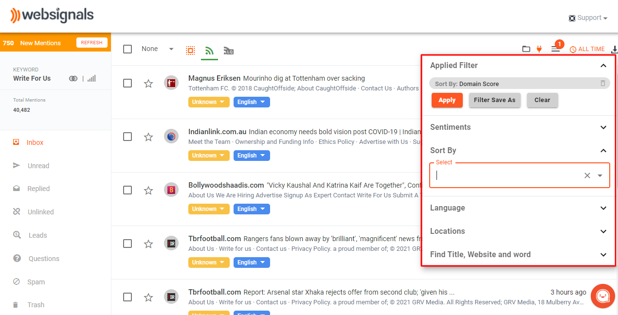 Filtering mentions by domain score