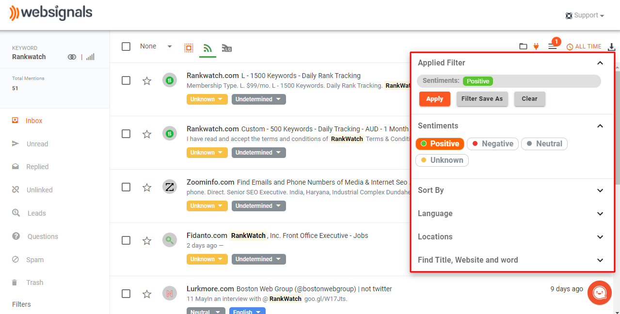 Applying Positive sentiment filter to find reviews and testimonials for tracked keywords