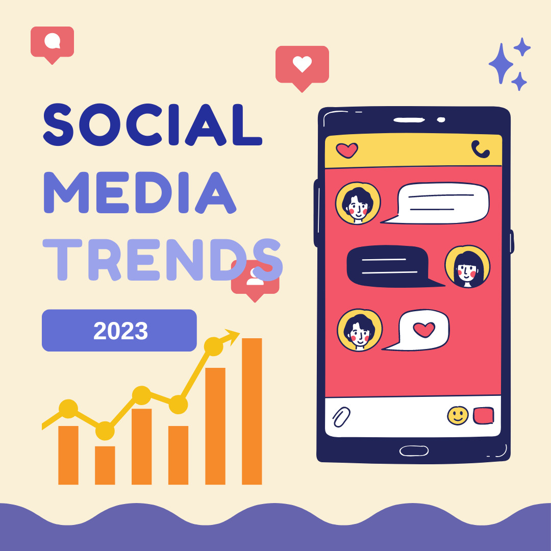 a visual illustration of a mobile, analytics bar graph, and ‘SOCIAL MEDIA TRENDS 2023’ written on it
