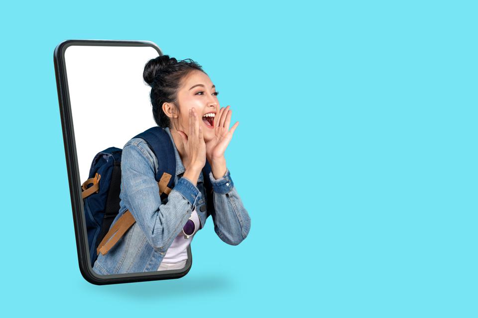 a light blue background with an illustration of a mobile and a woman shouting