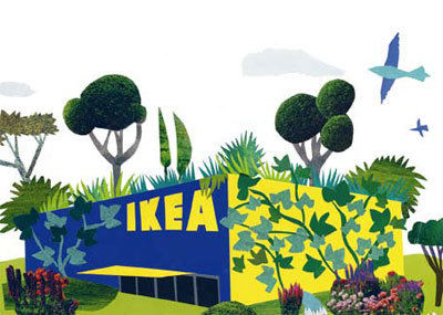 a visual illustration of a blue and yellow coloured building with ‘IKEA’ written on it and surrounded by trees and plants