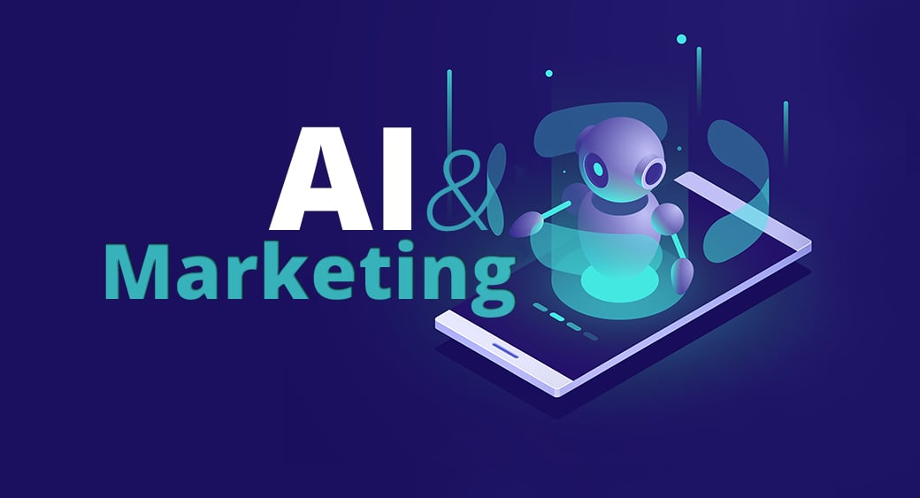 a dark blue background with an illustration of mobile and a robot with the text ‘AI & Marketing’ written on it