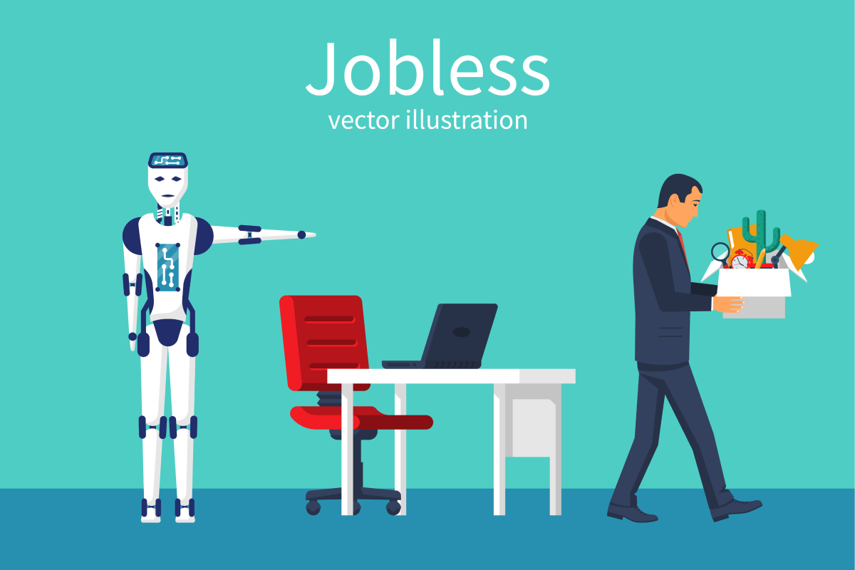 robot pointing to a man carrying a box with a red chair, white table, and blue laptop in the background showcasing too much automation kills human beings concept