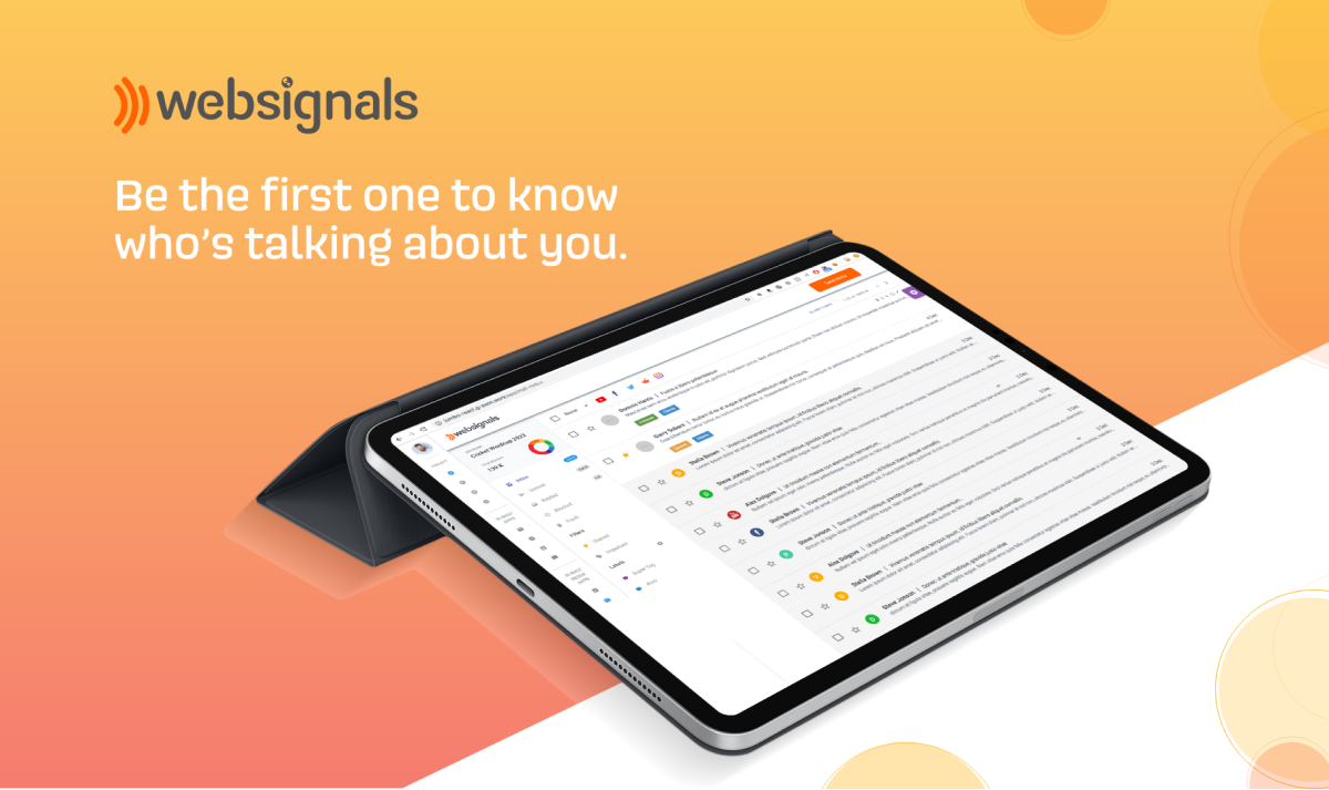 WebSignals brand monitoring tool displaying mentions on tablet screen
