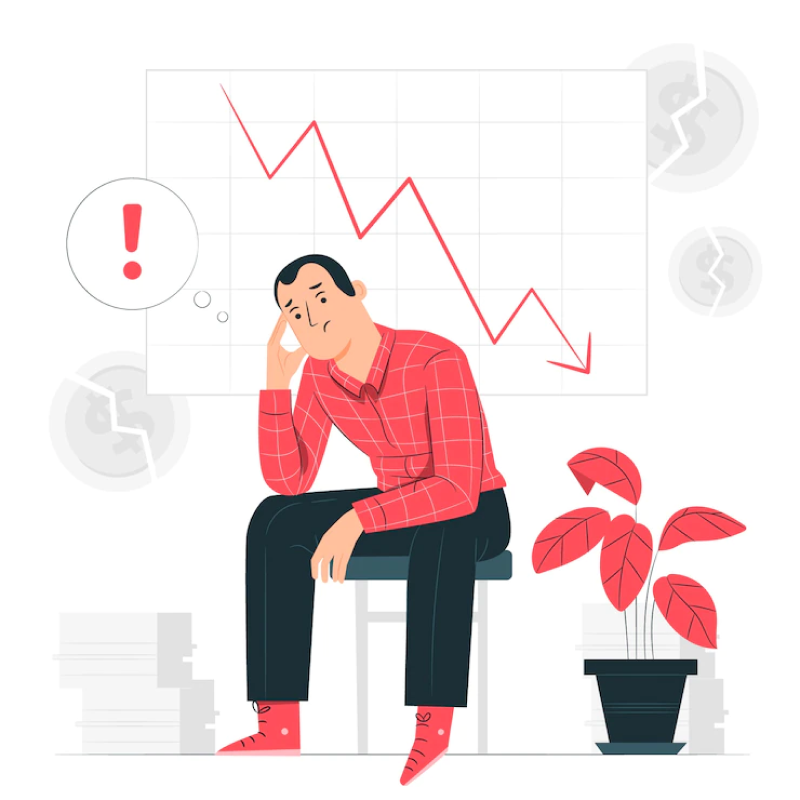 worried and sad red-shirted man in black pants and matching red shoes standing beside a chart depicting a downward trend while not acknowledging mistakes
