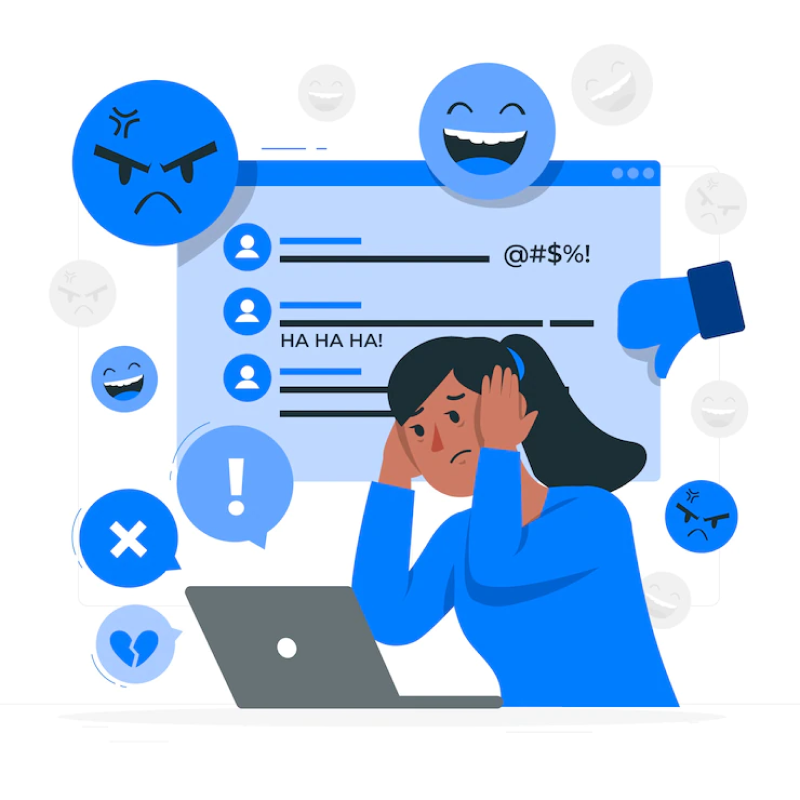 anxious girl in blue attire, a webpage illustrations of negative comments, while publishing off-track content on her laptop