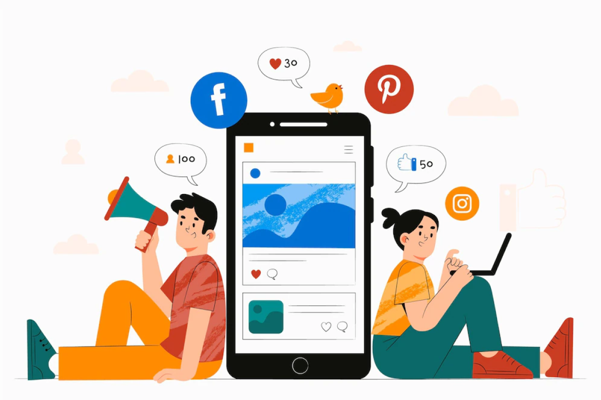 boy with loudspeaker and girl working on laptop with social media icons including Facebook, Pinterest, and Instagram in round circles on mobile screen - be available on all platforms