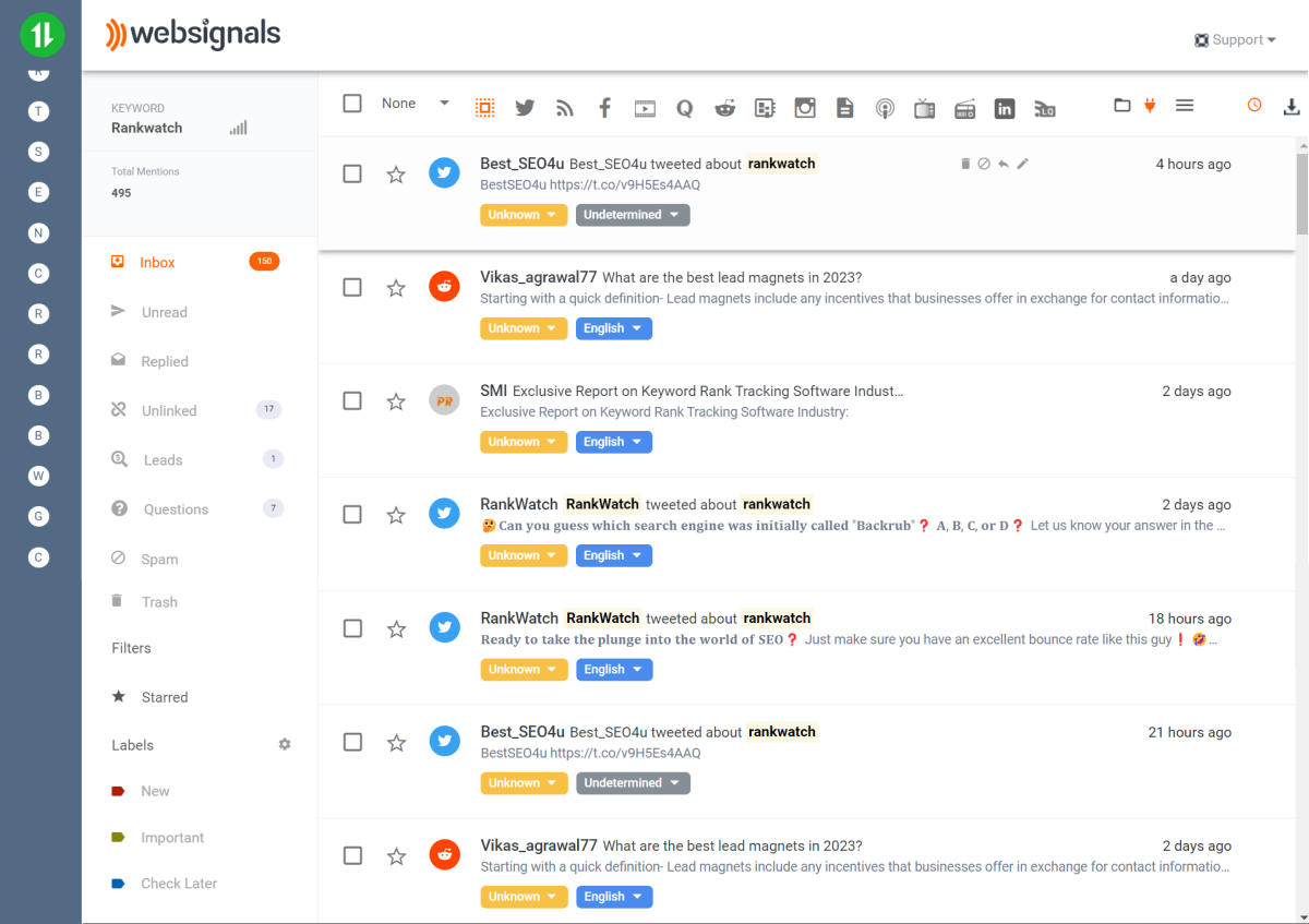 WebSignals inbox dashboard for the keyword Rankwatch, featuring a comprehensive keyword-based analysis