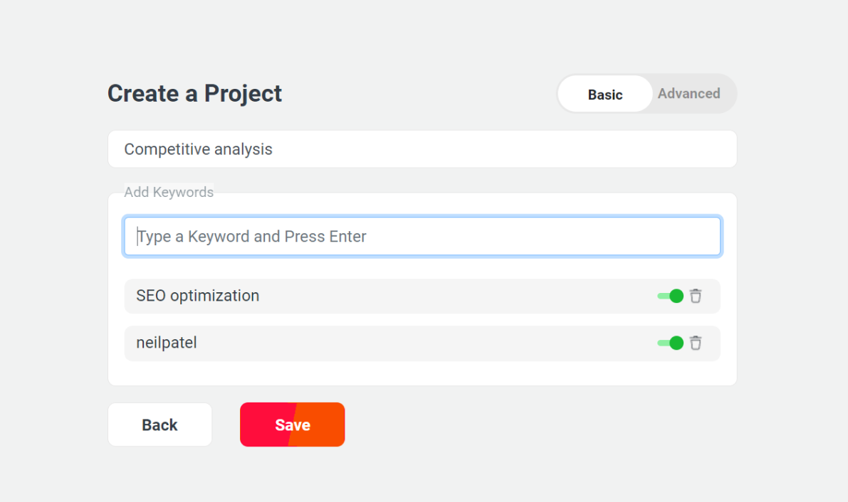 WebSignals create a project dashboard with advanced keyword addition