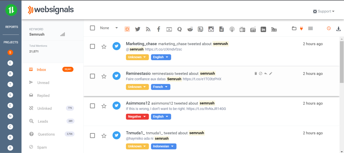 WebSignals inbox dashboard for the keyword Semrush with real-time data and sentimental analysis of data