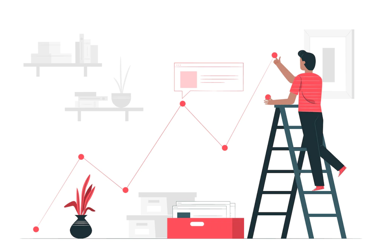 man identifying areas for improvement by holding red dots after climbing ladder