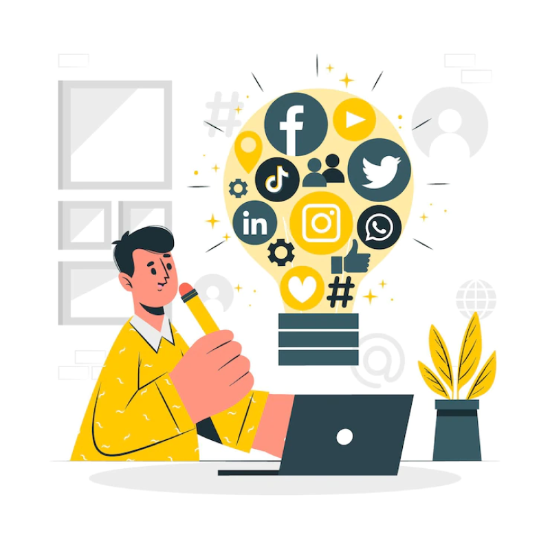 build a social media following: boy in yellow shirt working on laptop holding pencil and social media icons in bulb-shaped infographic