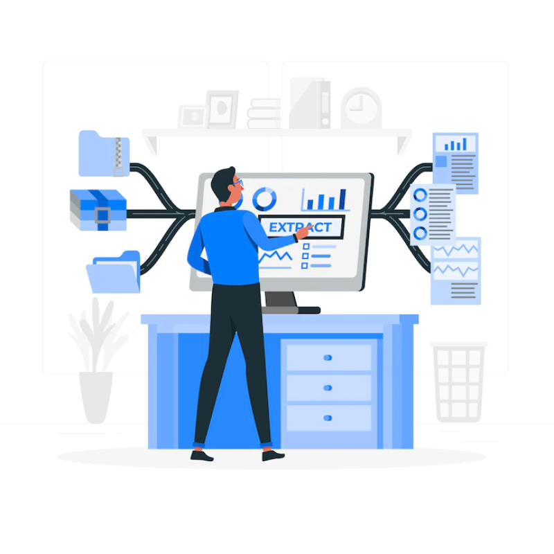 man pointing at desktop screen with paths of files, documents, and graph & chart data for making data-driven decisions