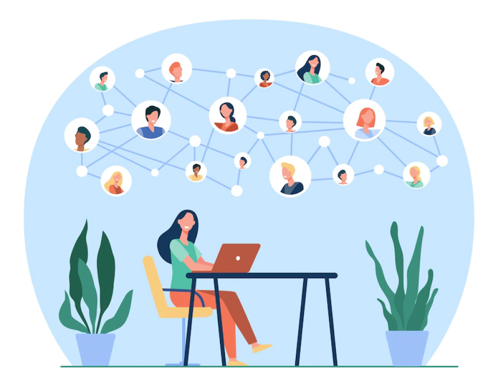 girl working on laptop with interconnected people in circular icons for increased reach