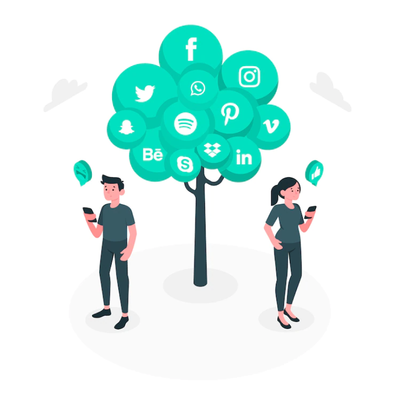 boy and girl treating all social media apps the same, holding phones in front of tree with Facebook, Instagram, and Twitter icons